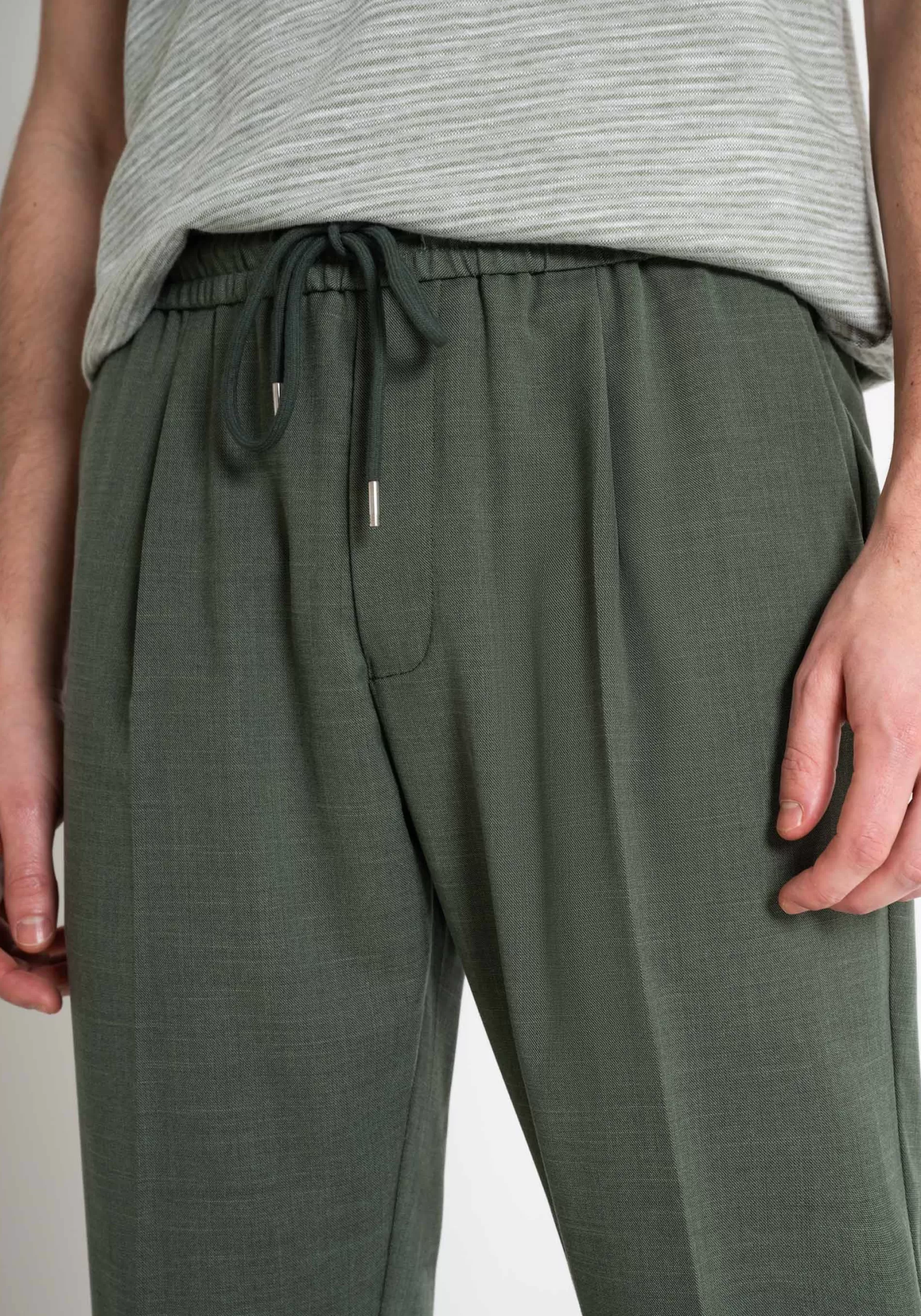New "NEIL" REGULAR FIT TROUSERS IN SLUB STRETCH VISCOSE BLEND FABRIC WITH DRAWSTRING Trousers
