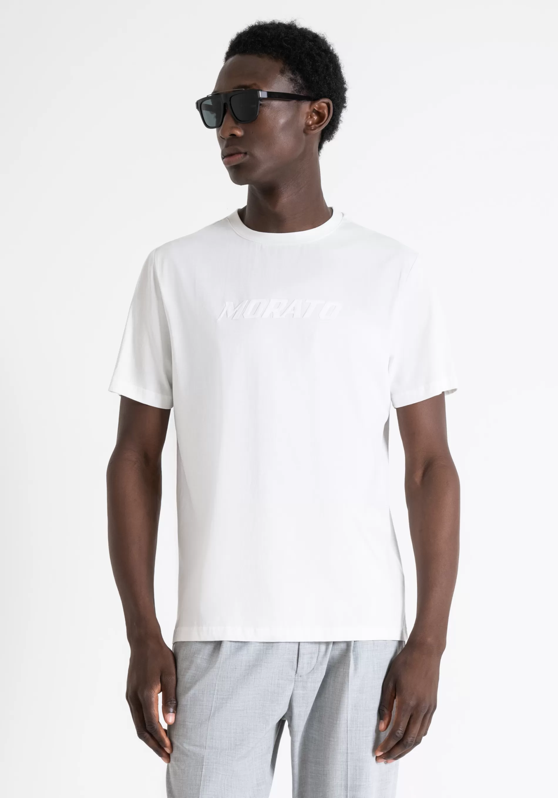 New REGULAR FIT COTTON T-SHIRT WITH PRISMA-EFFECT INJECTION RUBBERIZED LOGO PRINT T-shirts and Polo