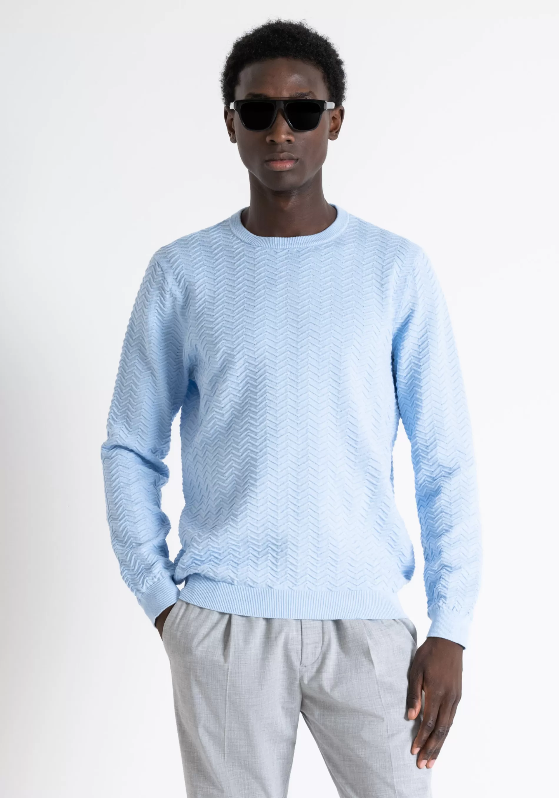 Discount REGULAR FIT SWEATER IN SOFT SOLID-COLOUR COTTON YARN WITH JACQUARD PATTERN Knitwear