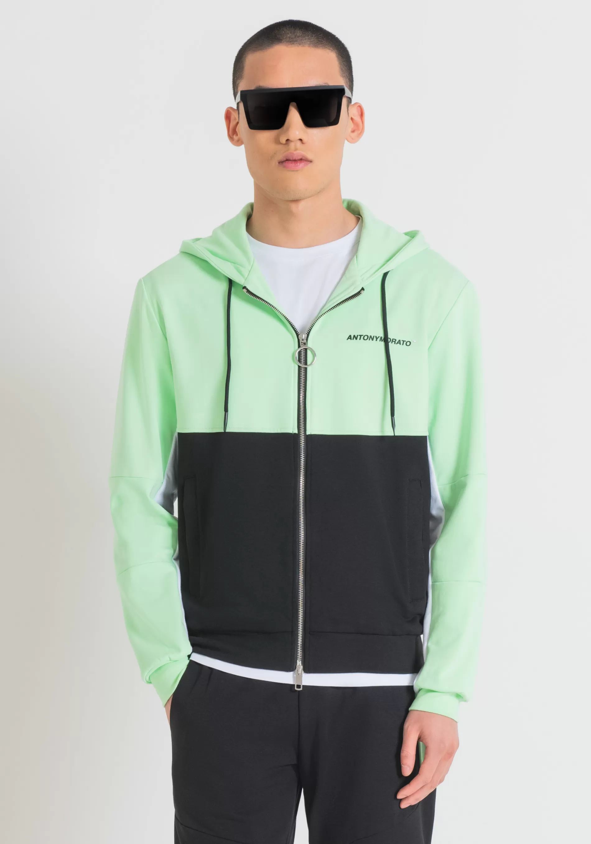 Shop REGULAR FIT SWEATSHIRT IN SUSTAINABLE POLYESTER AND COTTON FABRIC WITH PRINT AND HOOD Sweatshirts