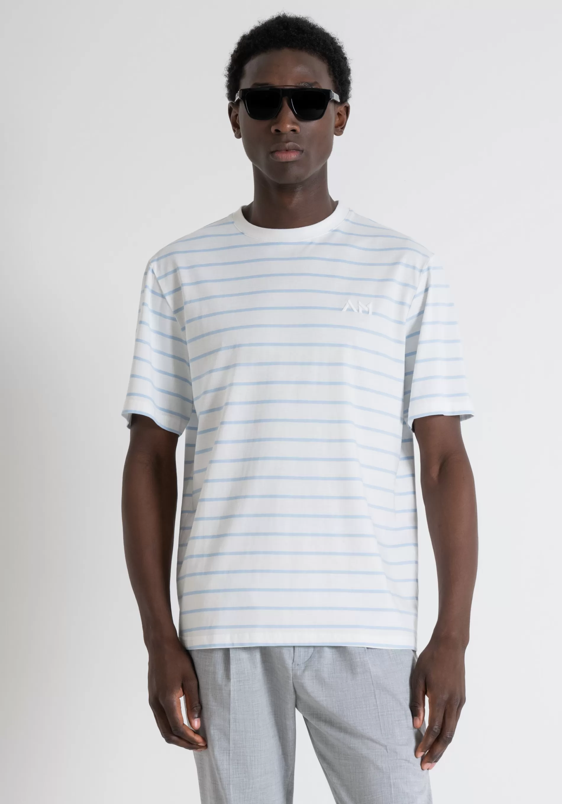 Outlet RELAXED FIT COTTON T-SHIRT WITH STRIPE PATTERN AND EMBROIDERED LOGO T-shirts and Polo