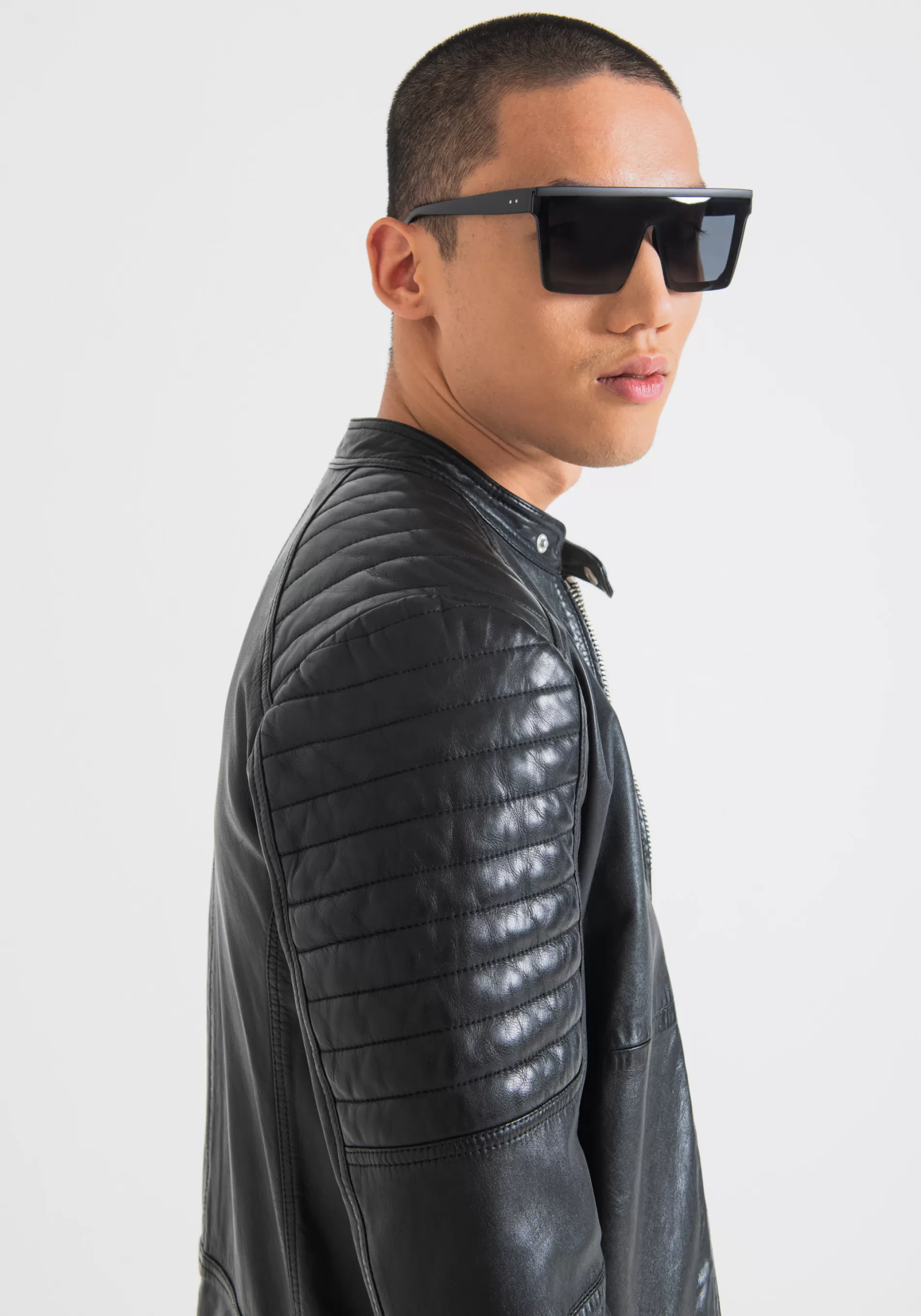 New SLIM FIT BIKER JACKET IN GENUINE LEATHER WITH KOREAN COLLAR Leather Coats | Field Jackets and Coats