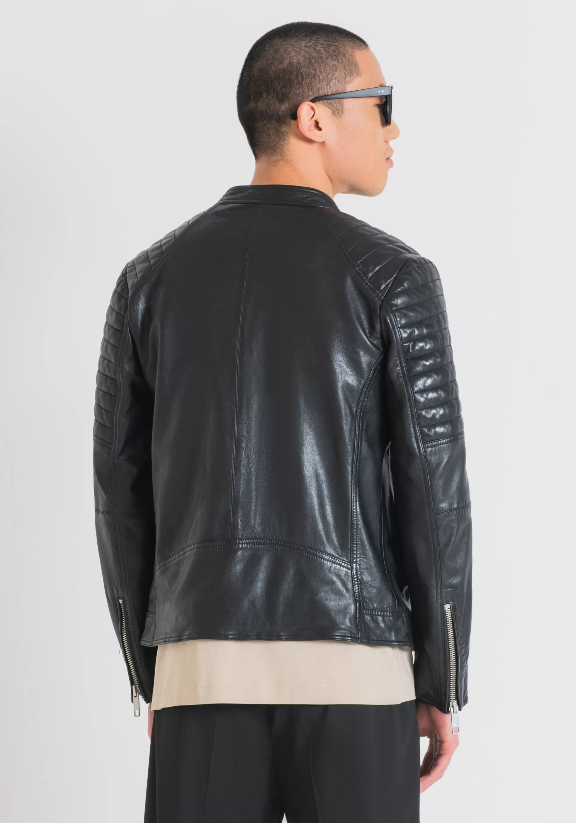 New SLIM FIT BIKER JACKET IN GENUINE LEATHER WITH KOREAN COLLAR Leather Coats | Field Jackets and Coats