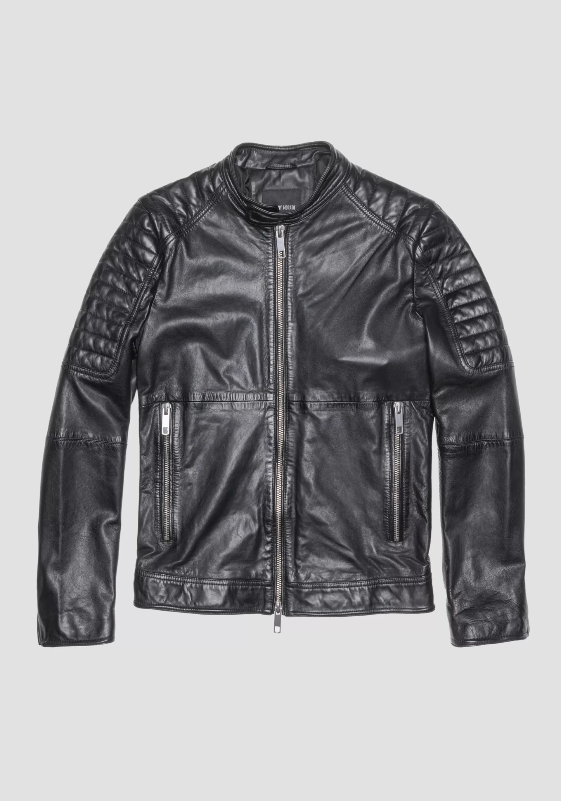 New SLIM FIT BIKER JACKET IN GENUINE LEATHER WITH KOREAN COLLAR Leather Coats | Field Jackets and Coats