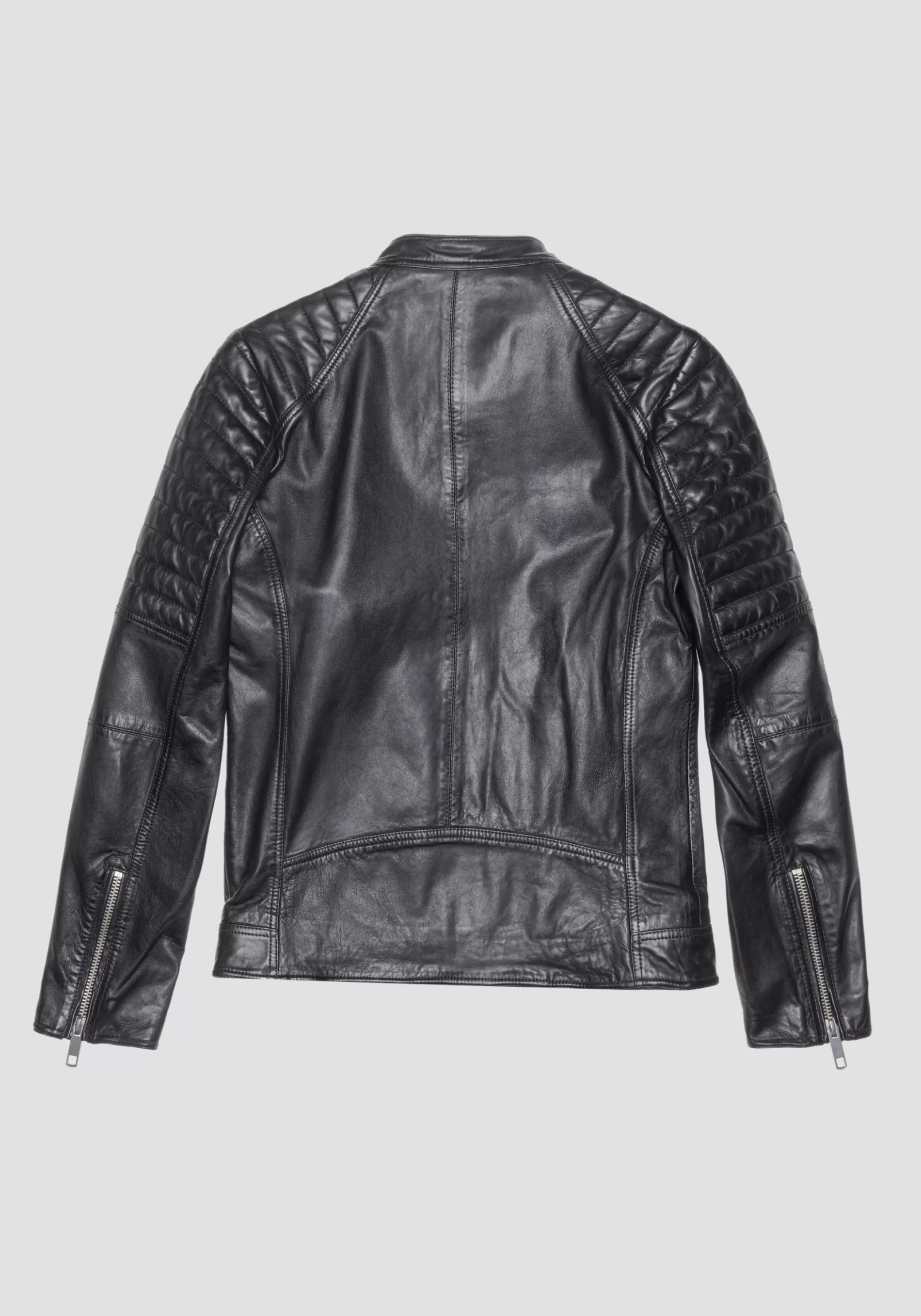 New SLIM FIT BIKER JACKET IN GENUINE LEATHER WITH KOREAN COLLAR Leather Coats | Field Jackets and Coats