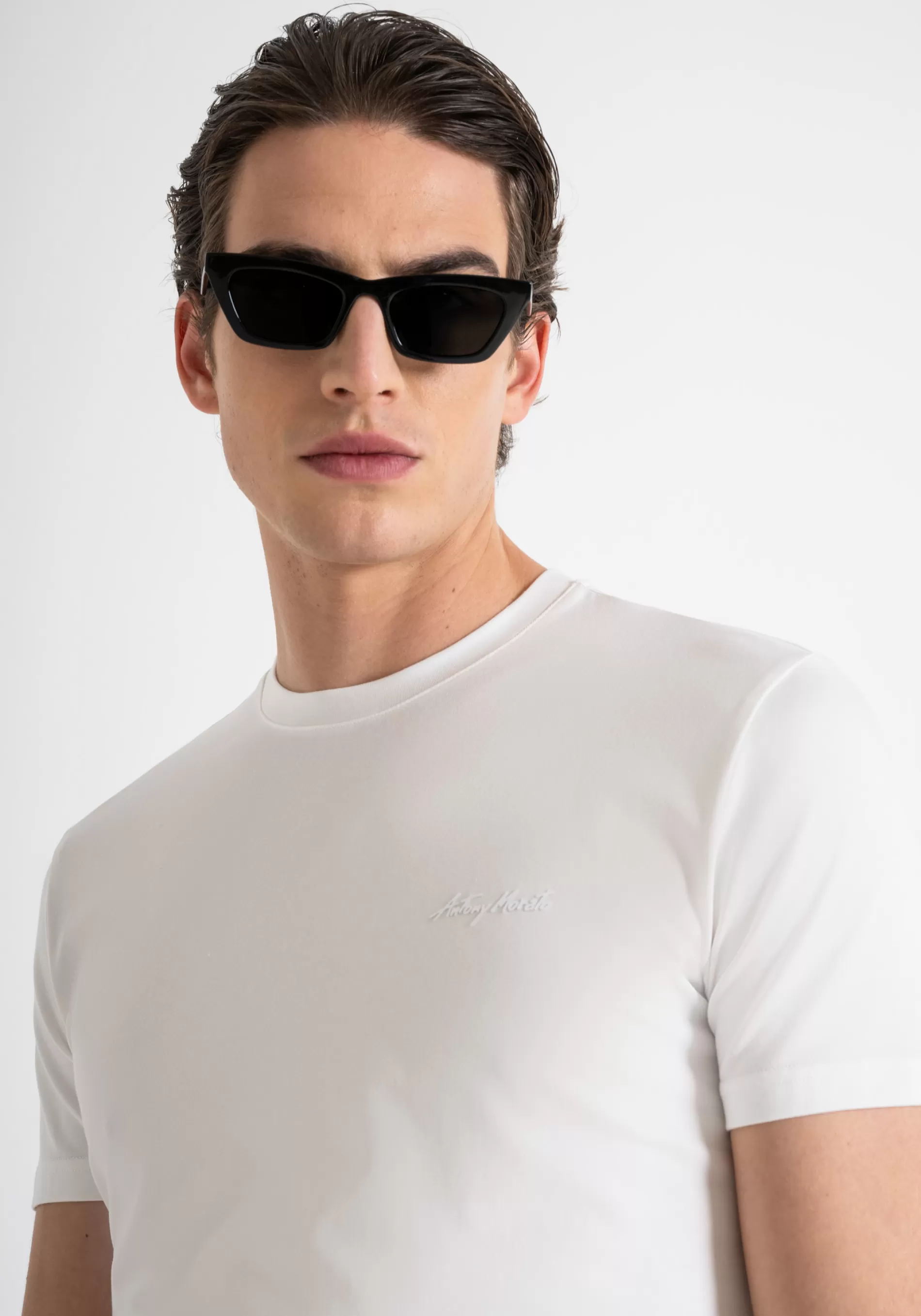 Shop SUPER SLIM FIT T-SHIRT IN STRETCH COTTON WITH LOGO PRINT T-shirts and Polo